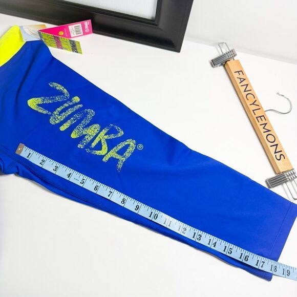 Zumba NWT! Women’s Galaxy Leggings Surf Blue & Neon Yellow Waistband Size Small - Picture 7 of 7